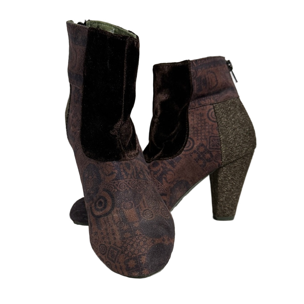 Desigual Tweed Velvet & Patterned Textile Heeled Boots Size 38 (US 7.5-8) - EUC